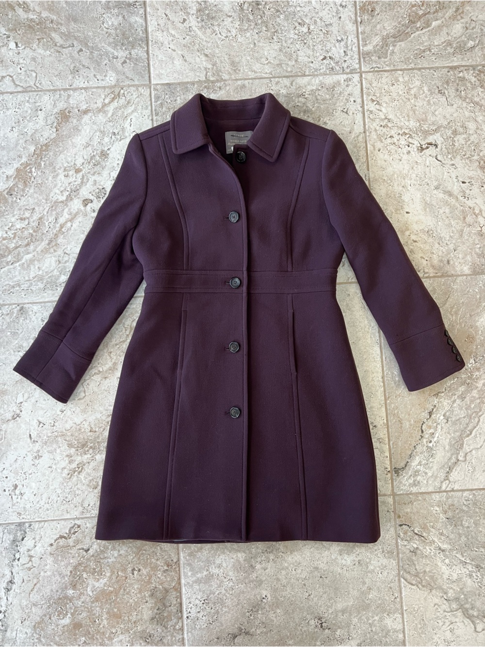 J. Crew Italian Wool Double Cloth 5-Button Lined Long Pea Coat, Plum Purple, 8P